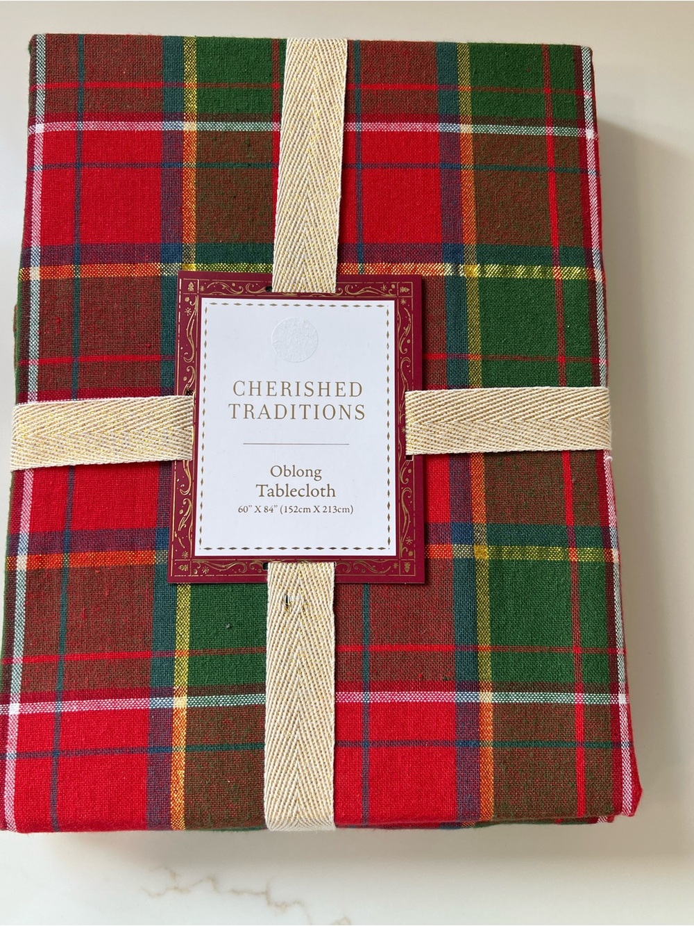 Red & Green, and Gold metallic Plaid Oblong Tablecloth